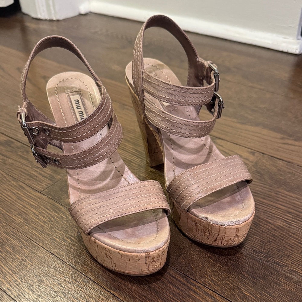 Miu Miu Brown Strappy Wedge Sandals
